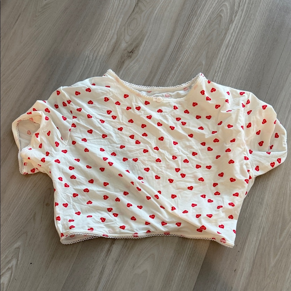 SKIMS Cream Crop Top with Red Heart Design